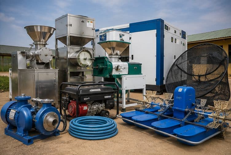 Mills, a water pump, a generator, hose and a paddlewheel aerator set out for sale