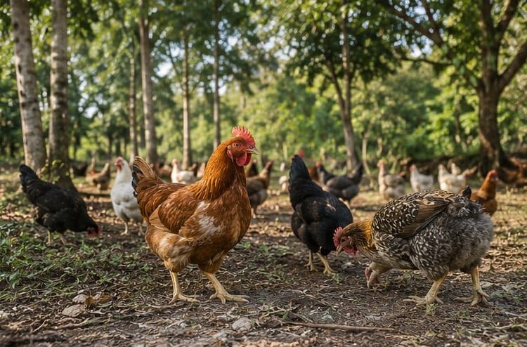A free-range flock of indigenous chickens foraging under trees